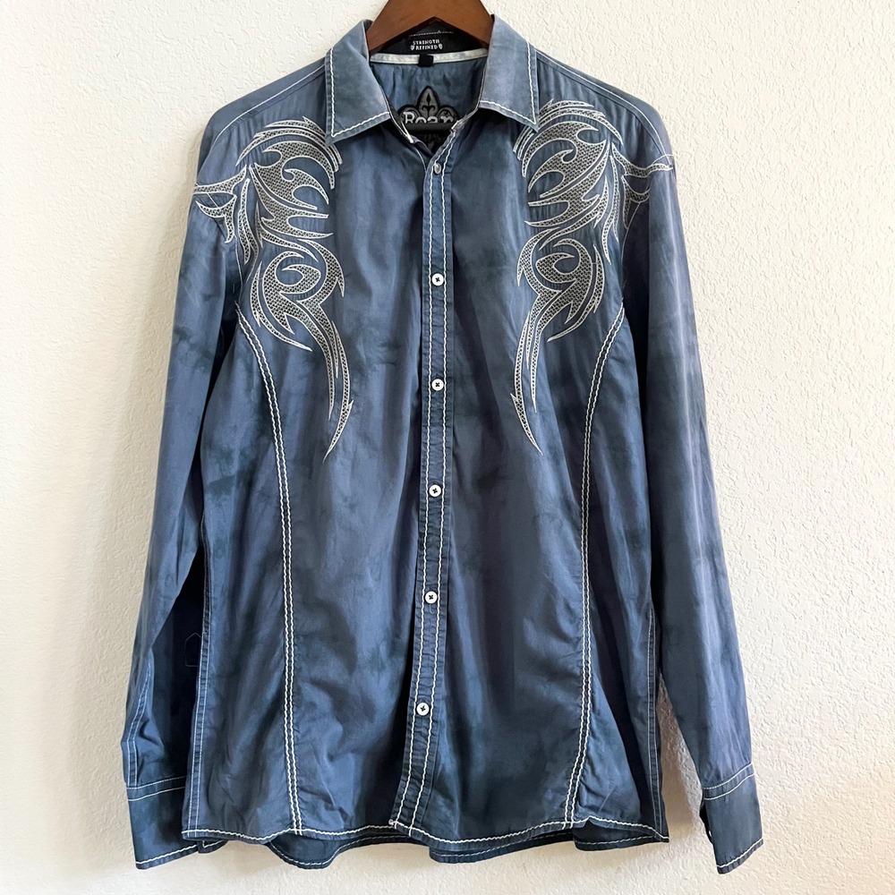 Roar Embroidered Western Biker Blue‎ Long Sleeve Button Down Shirt Sz L